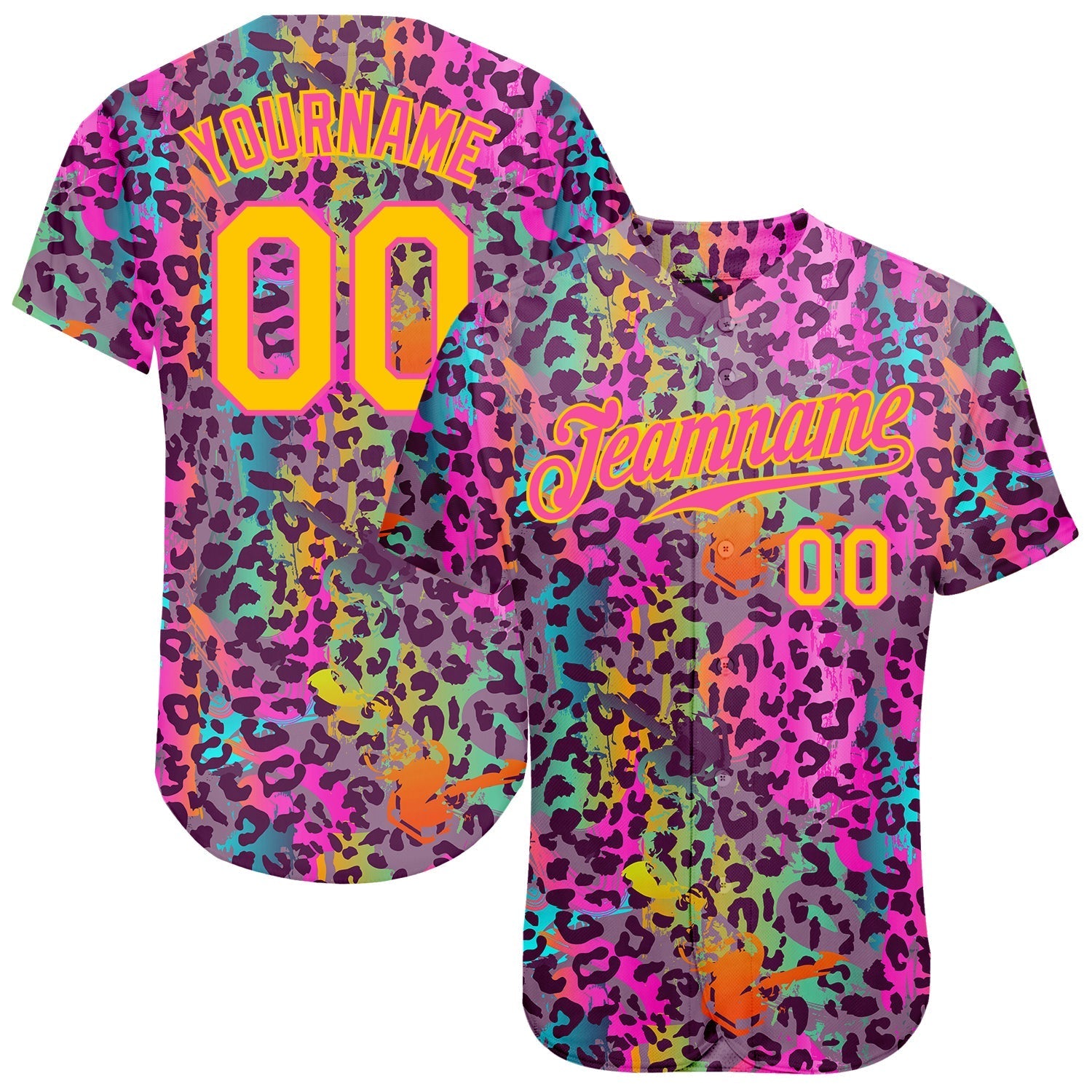 Custom Graffiti Pattern Gold-Pink 3D Colorful Leopard Authentic Baseball Jersey baseball jersey product view 1