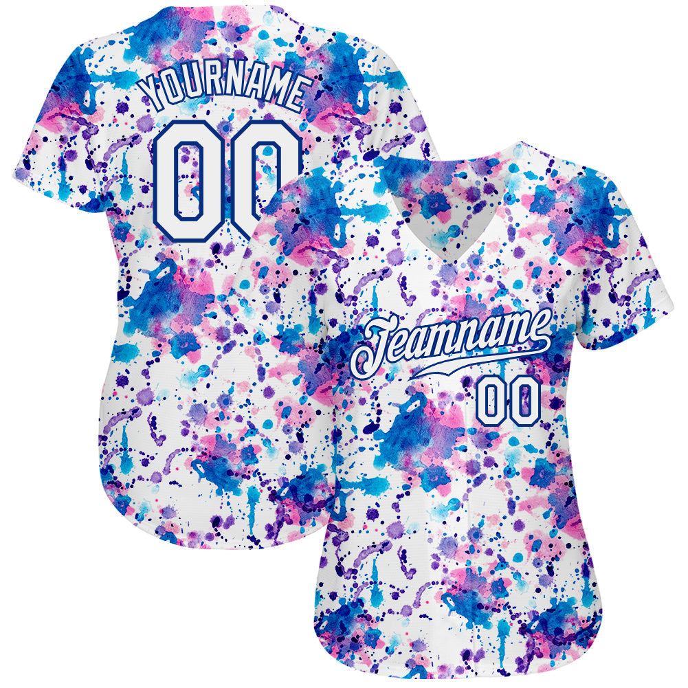 Custom Graffiti Pattern White-Royal 3D Abstract Watercolor Authentic Baseball Jersey baseball jersey product view 2