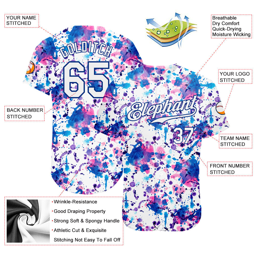 Custom Graffiti Pattern White-Royal 3D Abstract Watercolor Authentic Baseball Jersey baseball jersey product view 3