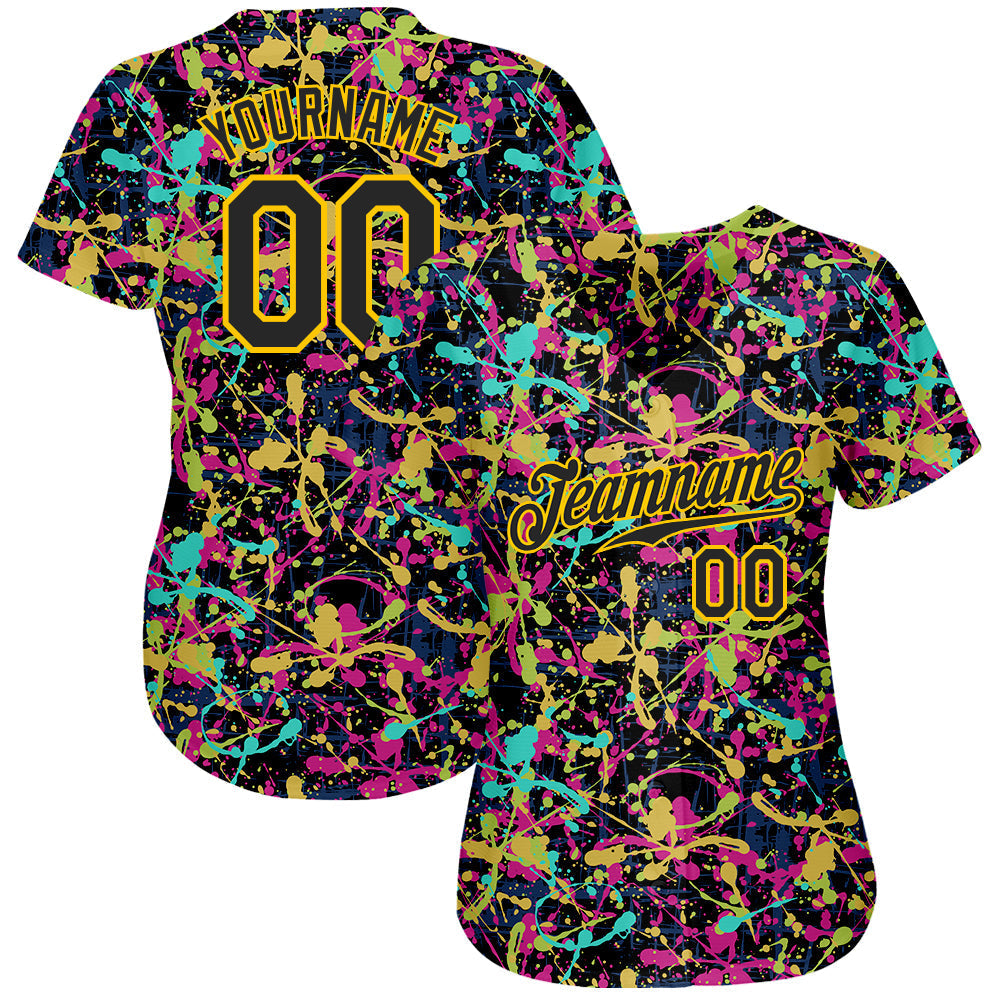 Custom Graffiti Pattern Black-Gold 3D Grunge Shabby Authentic Baseball Jersey baseball jersey product view 2