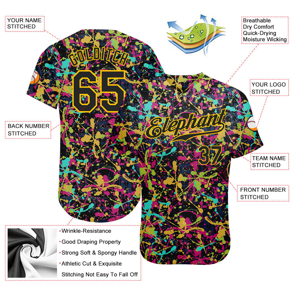 Custom Graffiti Pattern Black-Gold 3D Grunge Shabby Authentic Baseball Jersey baseball jersey product view 3