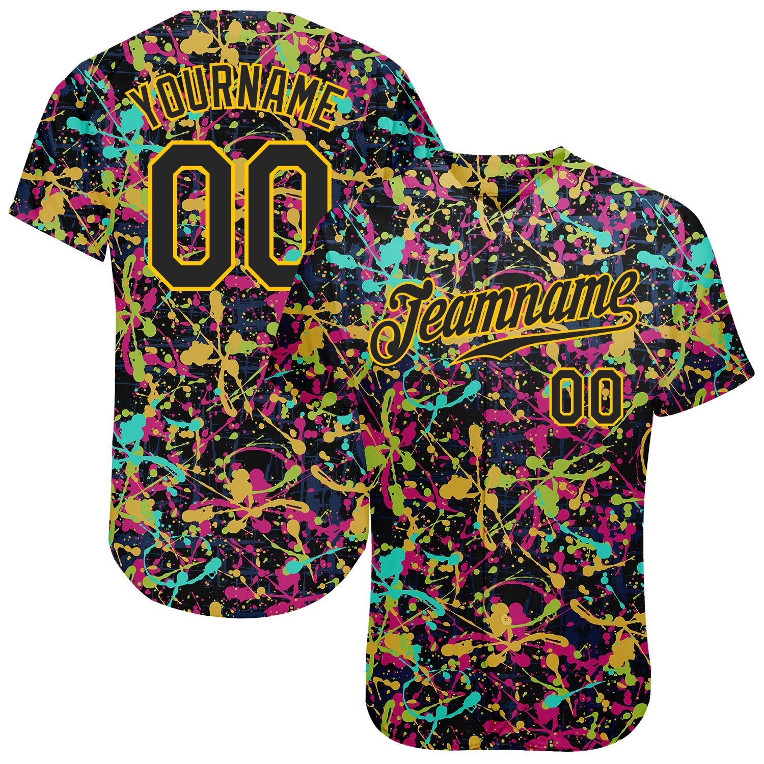 Custom Graffiti Pattern Black-Gold 3D Grunge Shabby Authentic Baseball Jersey baseball jersey product view 1