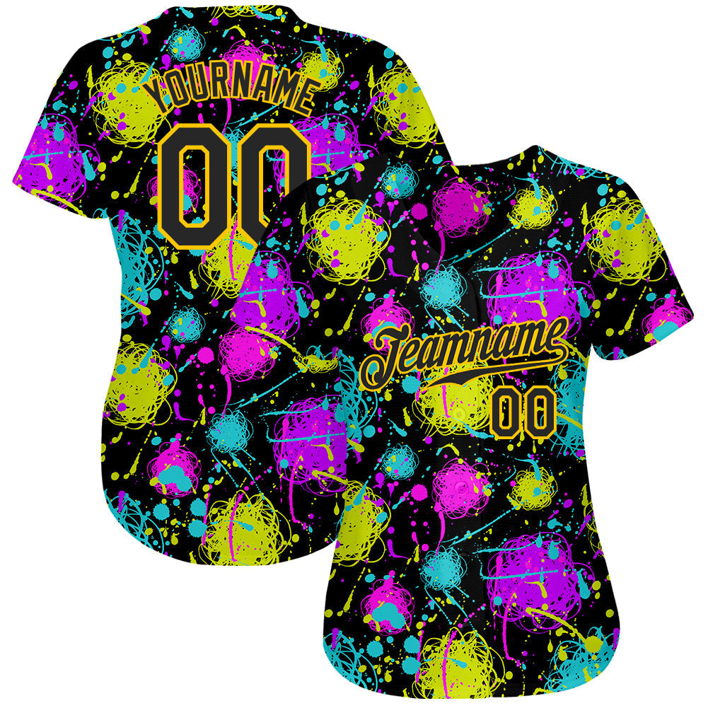 Custom Graffiti Pattern Black-Gold 3D Neon Splatter Authentic Baseball Jersey baseball jersey product view 2