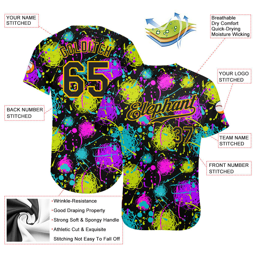 Custom Graffiti Pattern Black-Gold 3D Neon Splatter Authentic Baseball Jersey baseball jersey product view 3