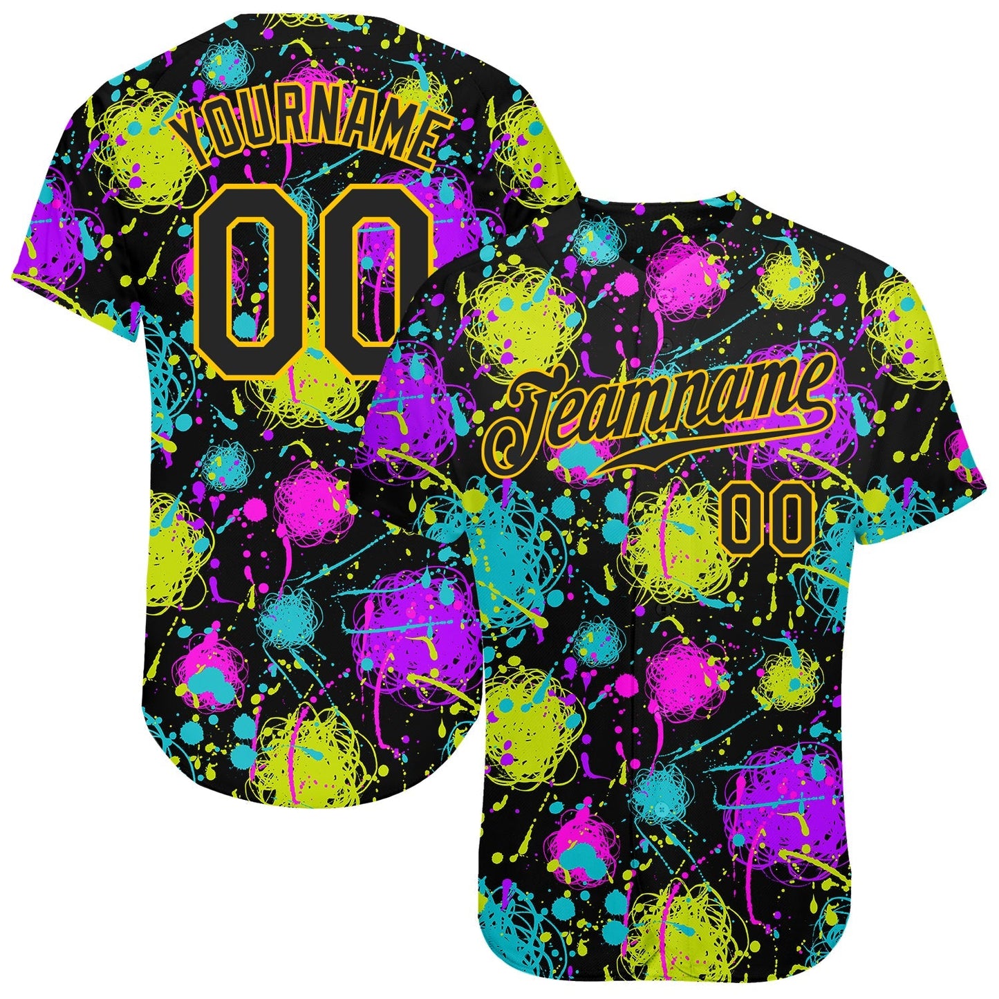 Custom Graffiti Pattern Black-Gold 3D Neon Splatter Authentic Baseball Jersey baseball jersey product view 1