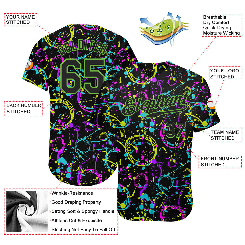 Custom Graffiti Pattern Black-Neon Green 3D Neon Splatter Authentic Baseball Jersey baseball jersey product view 3