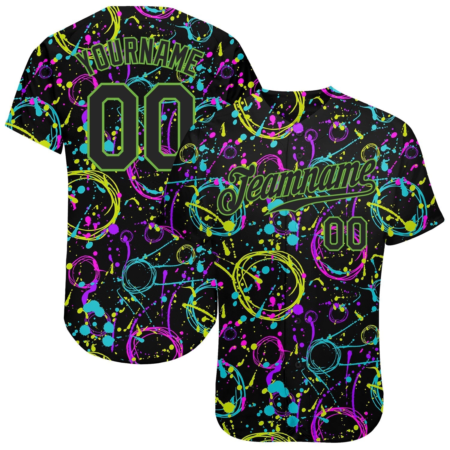 Custom Graffiti Pattern Black-Neon Green 3D Neon Splatter Authentic Baseball Jersey baseball jersey product view 1