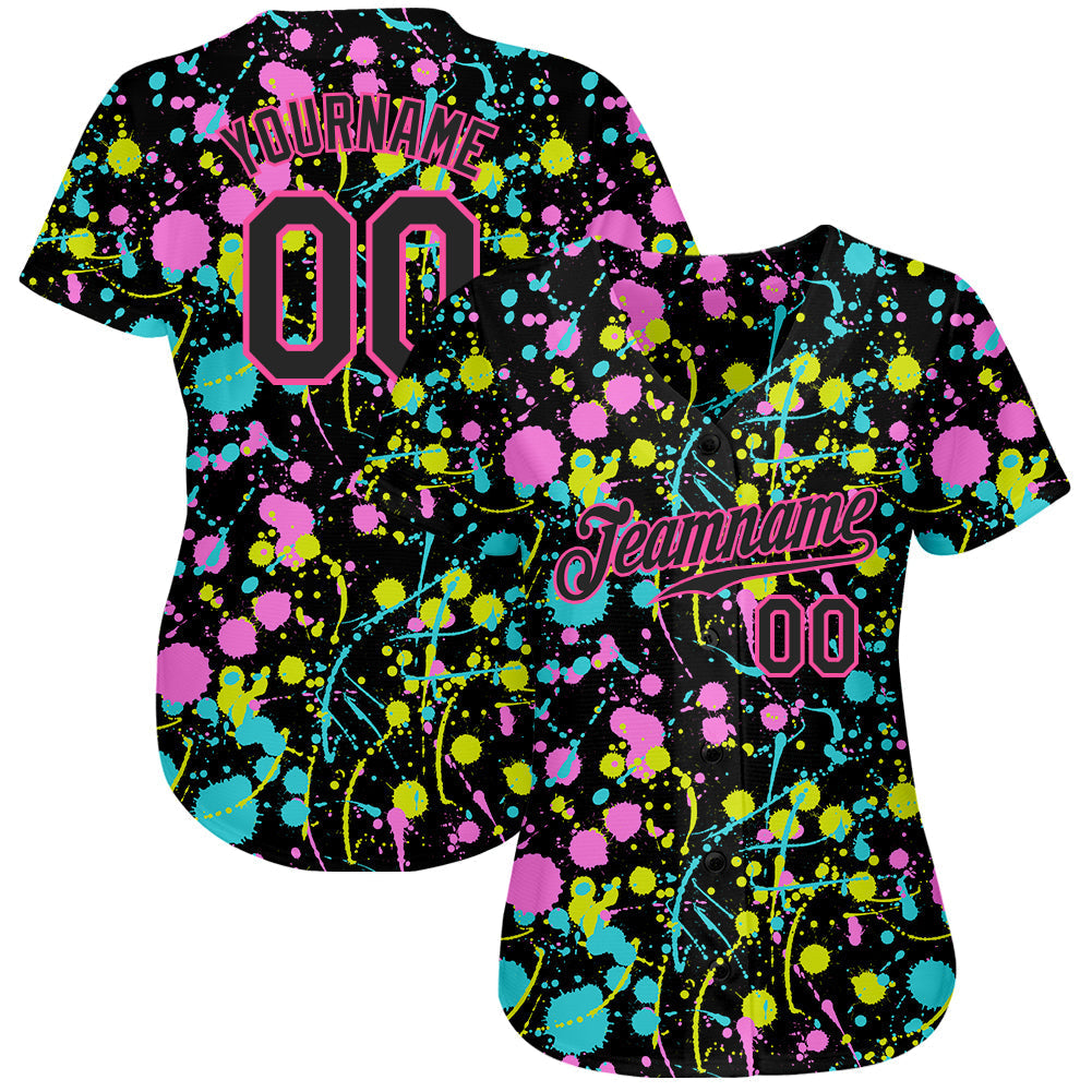 Custom Graffiti Pattern Black-Pink 3D Neon Splatter Authentic Baseball Jersey baseball jersey product view 2
