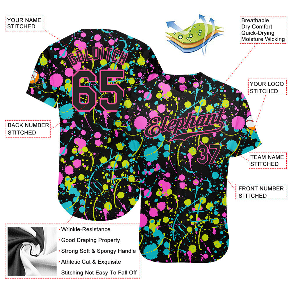 Custom Graffiti Pattern Black-Pink 3D Neon Splatter Authentic Baseball Jersey baseball jersey product view 3