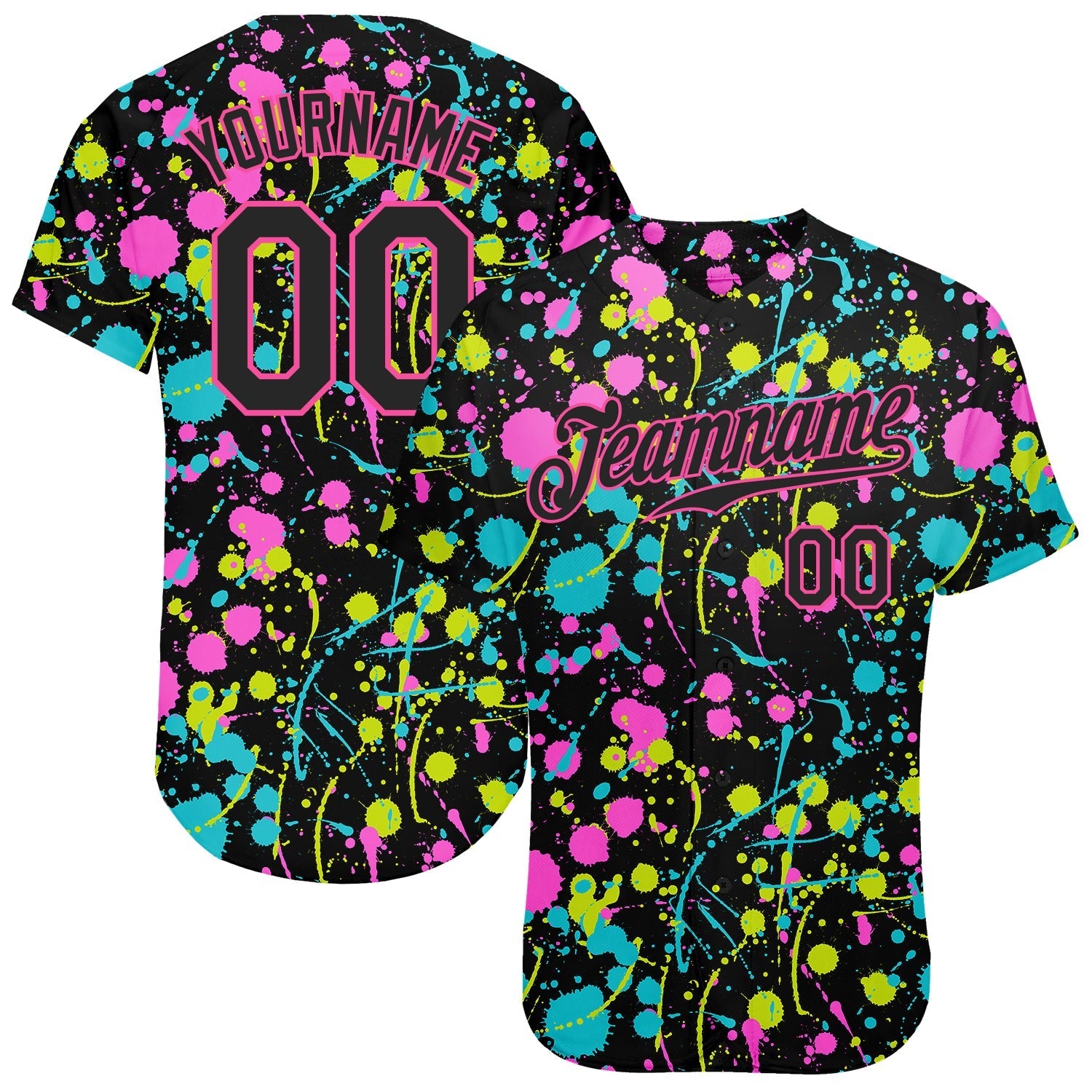 Custom Graffiti Pattern Black-Pink 3D Neon Splatter Authentic Baseball Jersey baseball jersey product view 1