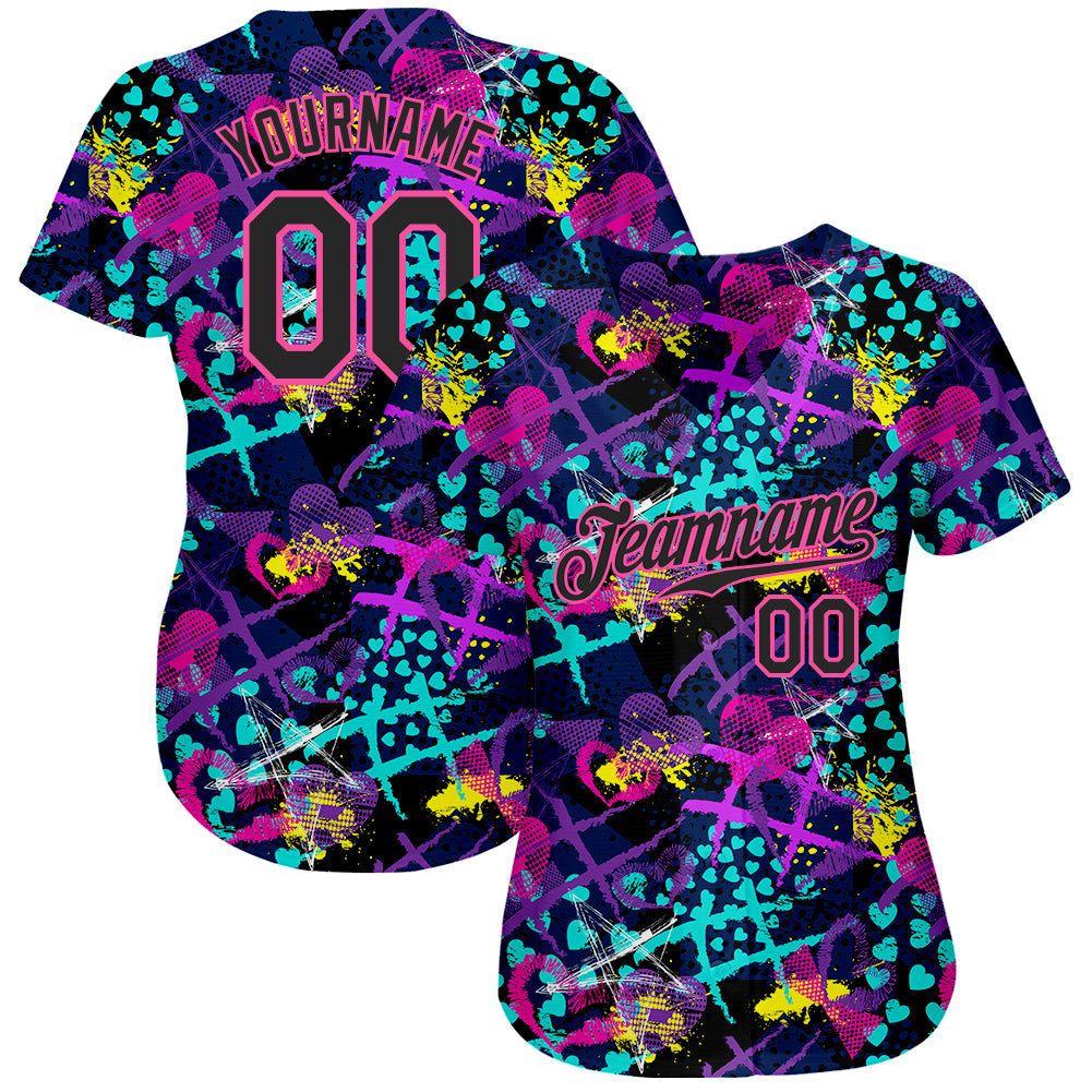Custom Graffiti Pattern Black-Pink 3D Creative Hearts Stars Geometric Figures Authentic Baseball Jersey baseball jersey product view 2