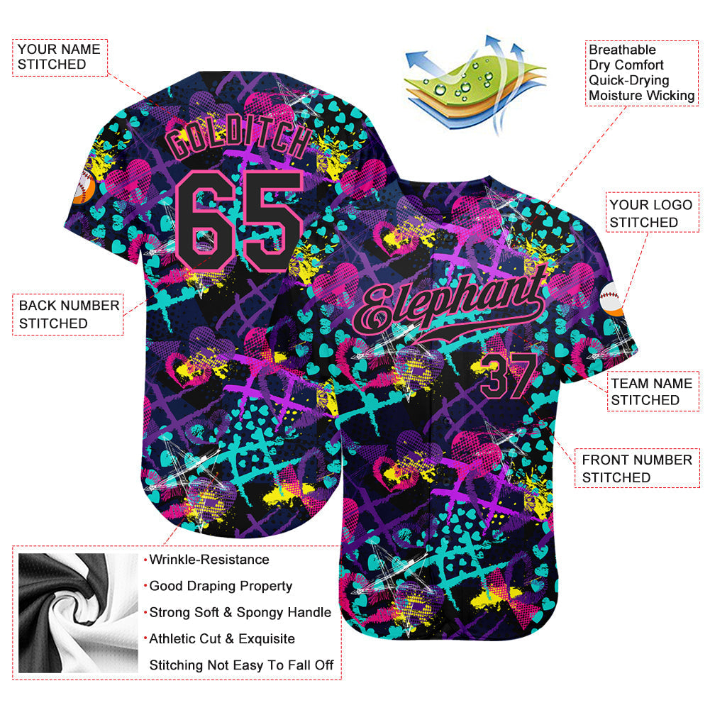 Custom Graffiti Pattern Black-Pink 3D Creative Hearts Stars Geometric Figures Authentic Baseball Jersey baseball jersey product view 3