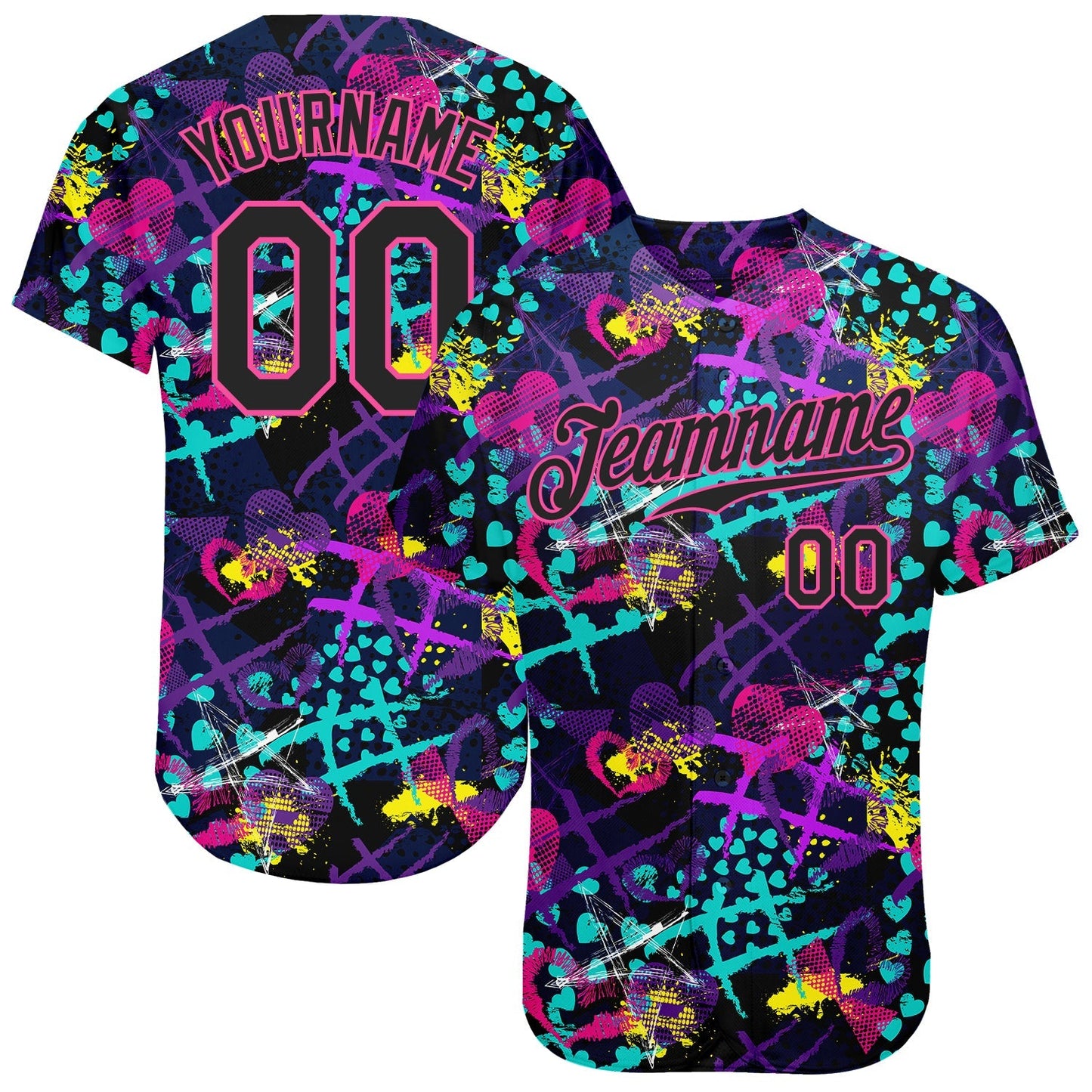 Custom Graffiti Pattern Black-Pink 3D Creative Hearts Stars Geometric Figures Authentic Baseball Jersey baseball jersey product view 1