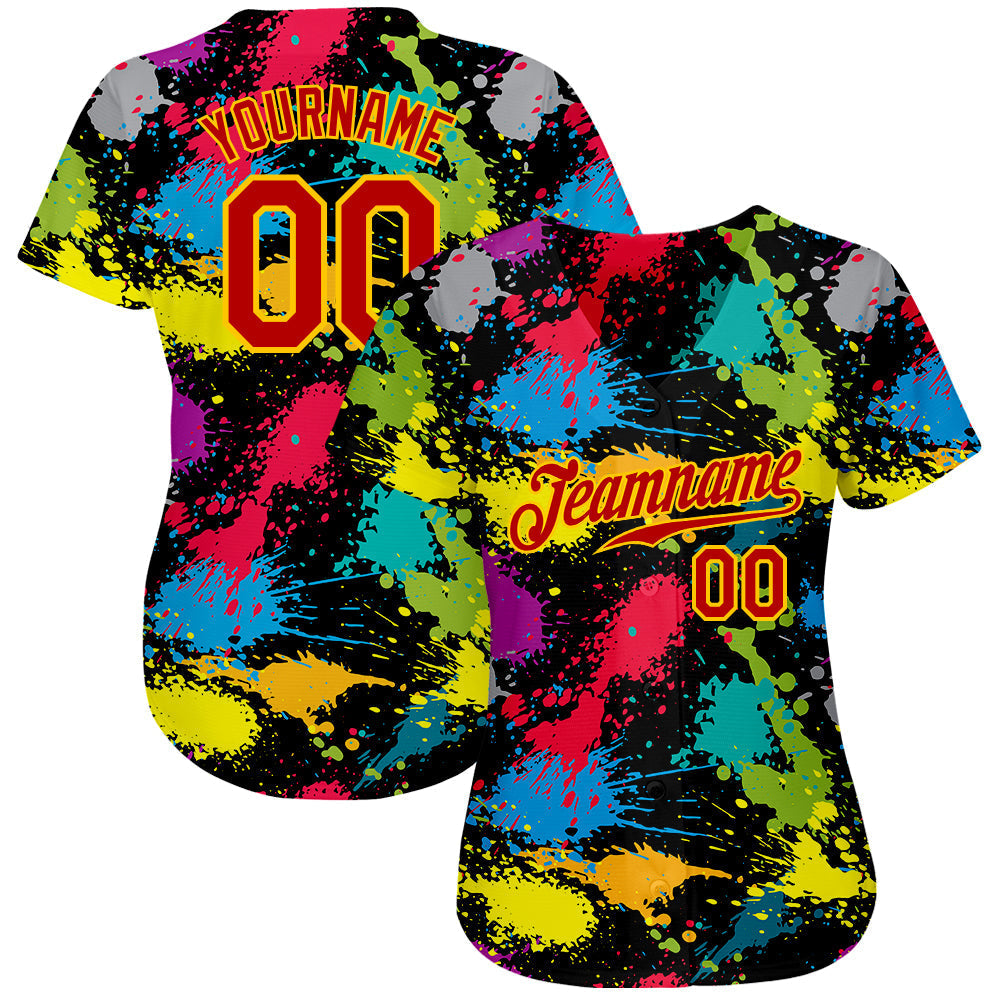 Custom Graffiti Pattern Red-Gold 3D Colorful Splattered Messy Art Ink Paintbrush Drawing Authentic Baseball Jersey baseball jersey product view 2