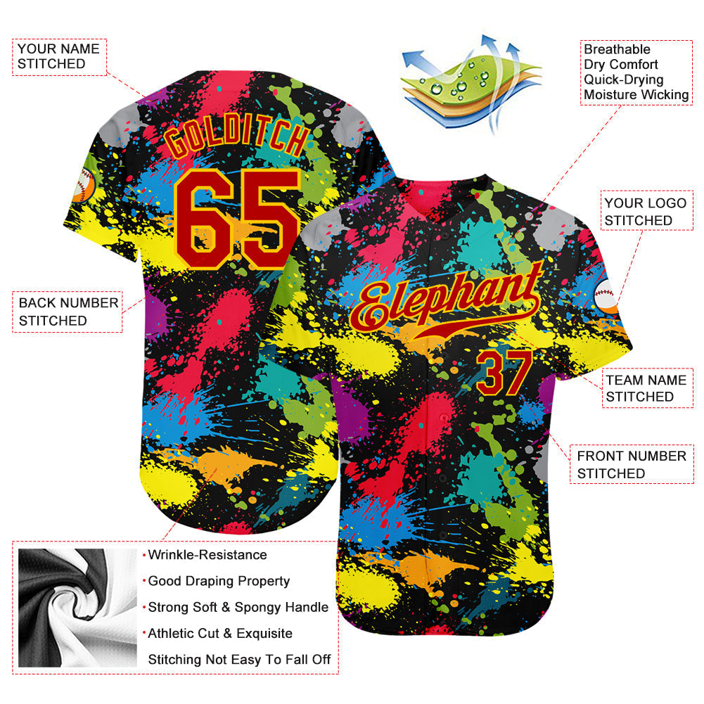 Custom Graffiti Pattern Red-Gold 3D Colorful Splattered Messy Art Ink Paintbrush Drawing Authentic Baseball Jersey baseball jersey product view 3