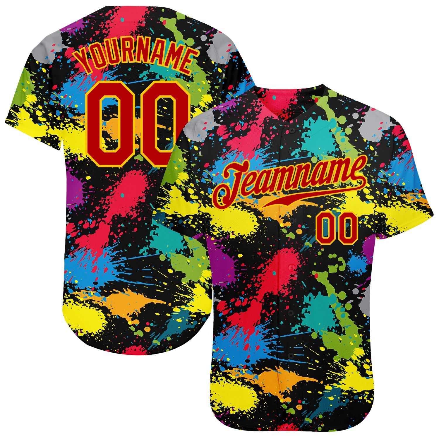 Custom Graffiti Pattern Red-Gold 3D Colorful Splattered Messy Art Ink Paintbrush Drawing Authentic Baseball Jersey baseball jersey product view 1