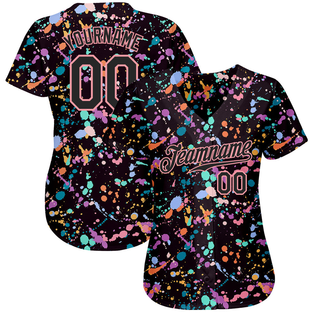 Custom Graffiti Pattern Black-Medium Pink 3D Expressive Splatter Authentic Baseball Jersey baseball jersey product view 2