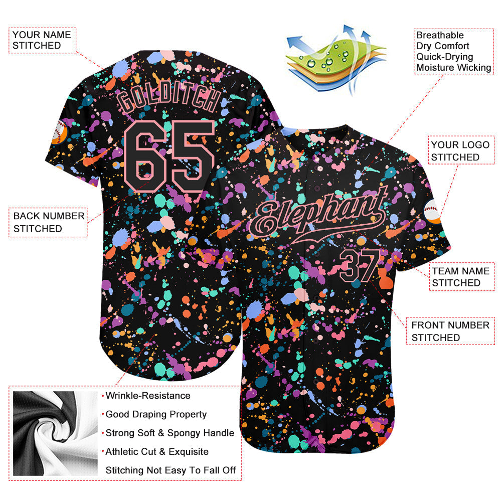 Custom Graffiti Pattern Black-Medium Pink 3D Expressive Splatter Authentic Baseball Jersey baseball jersey product view 3