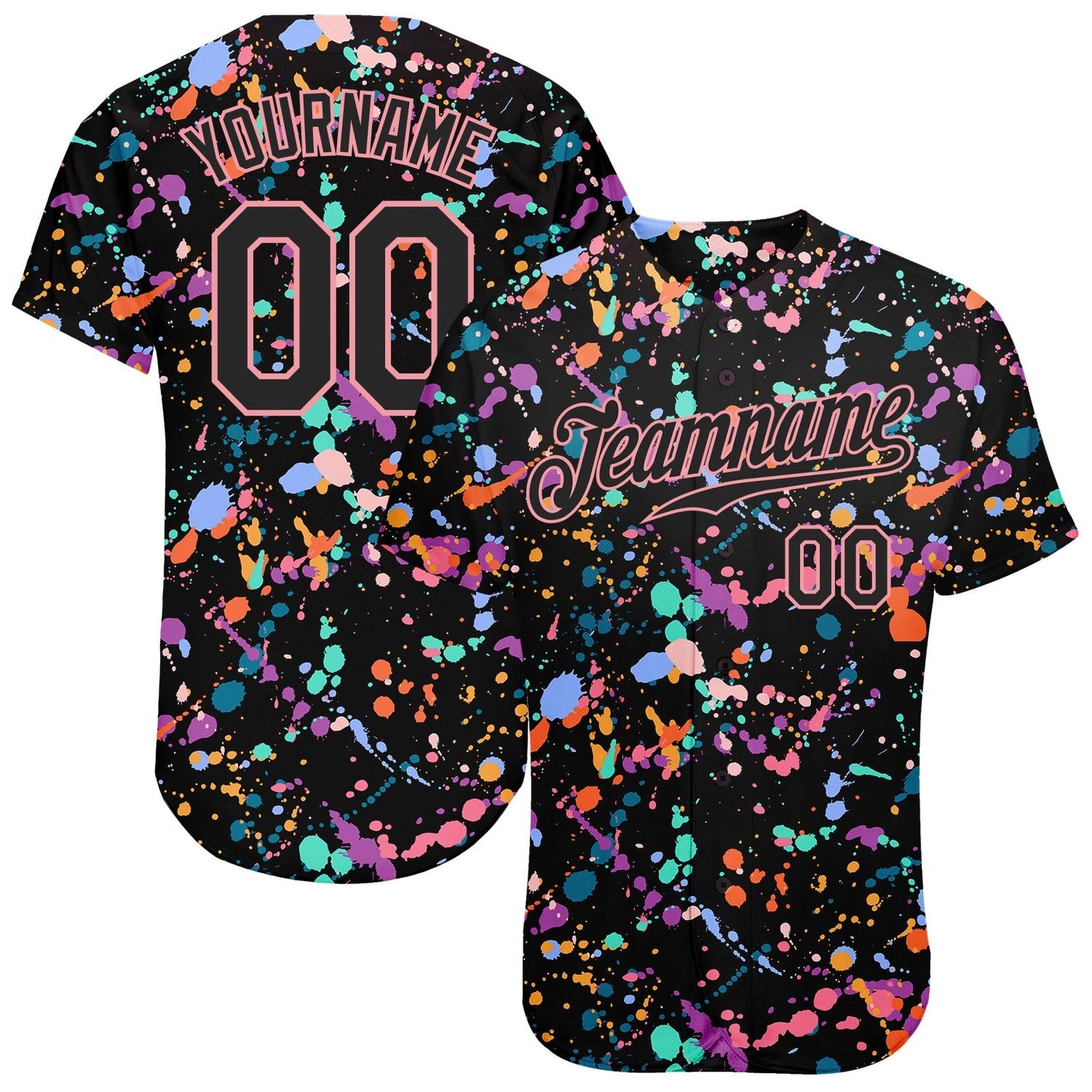 Custom Graffiti Pattern Black-Medium Pink 3D Expressive Splatter Authentic Baseball Jersey baseball jersey product view 1