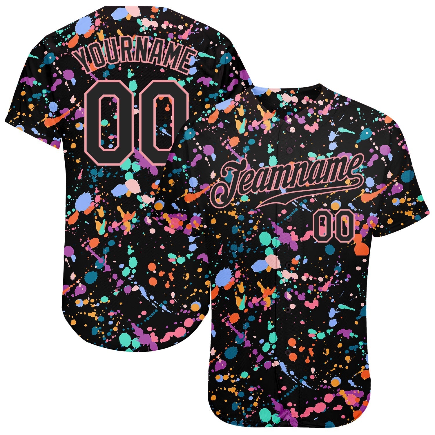 Custom Graffiti Pattern Black-Medium Pink 3D Expressive Splatter Authentic Baseball Jersey baseball jersey product view 1