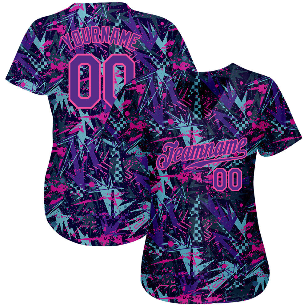 Custom Graffiti Pattern Purple-Pink 3D Creative Geometric Figures And Dots Authentic Baseball Jersey baseball jersey product view 2