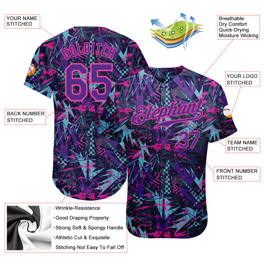 Custom Graffiti Pattern Purple-Pink 3D Creative Geometric Figures And Dots Authentic Baseball Jersey baseball jersey product view 3