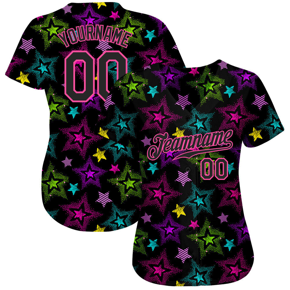 Custom Graffiti Pattern Black-Pink 3D Creative Colorful Stars Authentic Baseball Jersey baseball jersey product view 2