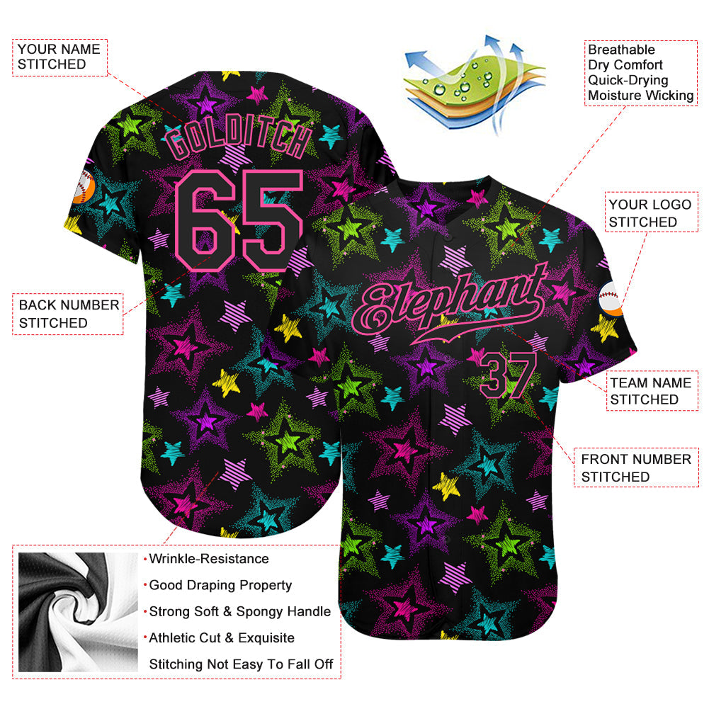 Custom Graffiti Pattern Black-Pink 3D Creative Colorful Stars Authentic Baseball Jersey baseball jersey product view 3