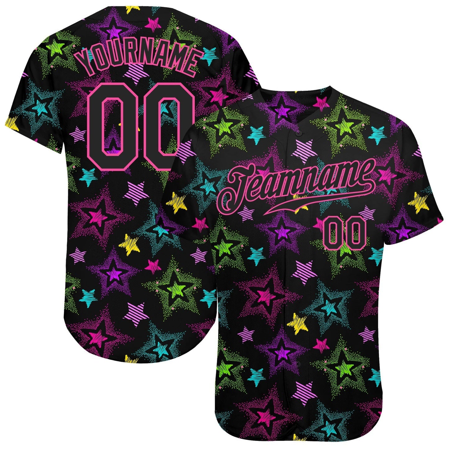 Custom Graffiti Pattern Black-Pink 3D Creative Colorful Stars Authentic Baseball Jersey baseball jersey product view 1