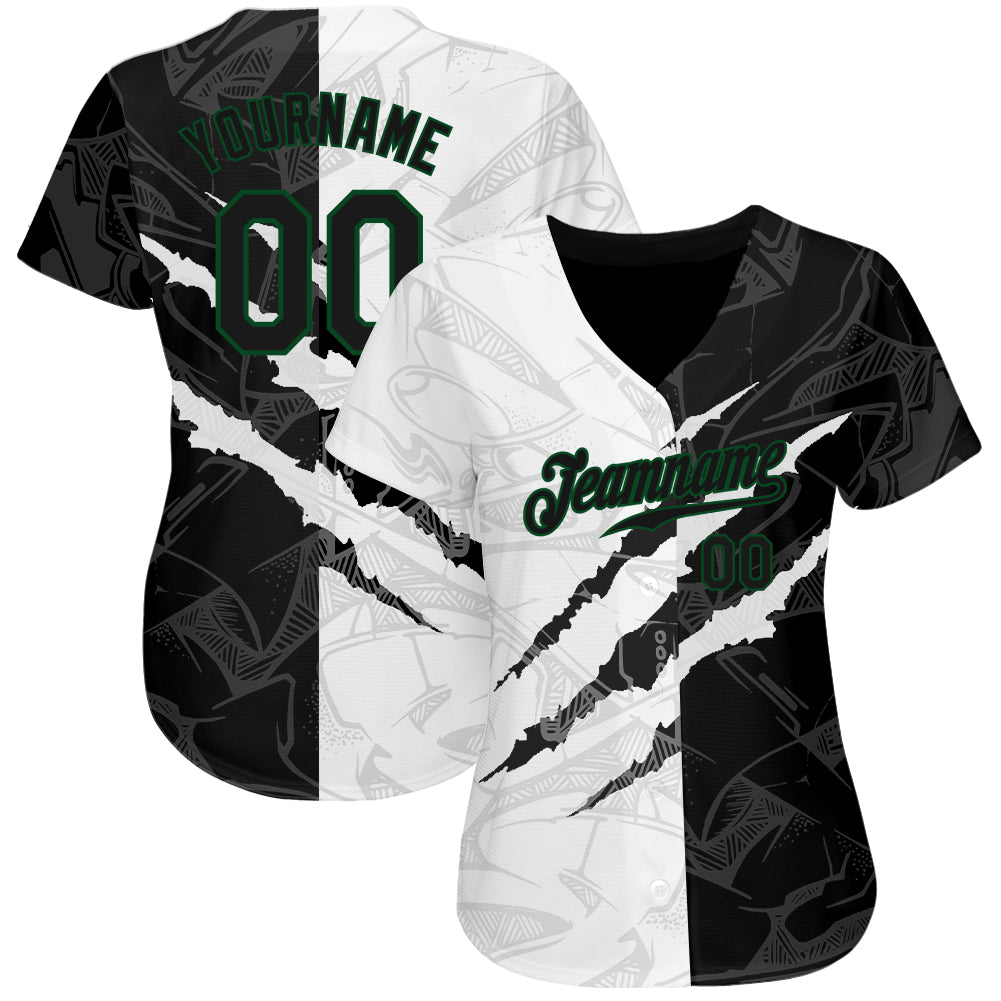 Custom Graffiti Pattern Black-Kelly Green 3D Scratch Authentic Baseball Jersey baseball jersey product view 2