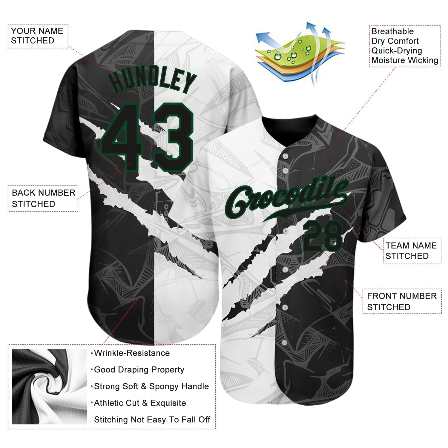 Custom Graffiti Pattern Black-Kelly Green 3D Scratch Authentic Baseball Jersey baseball jersey product view 3