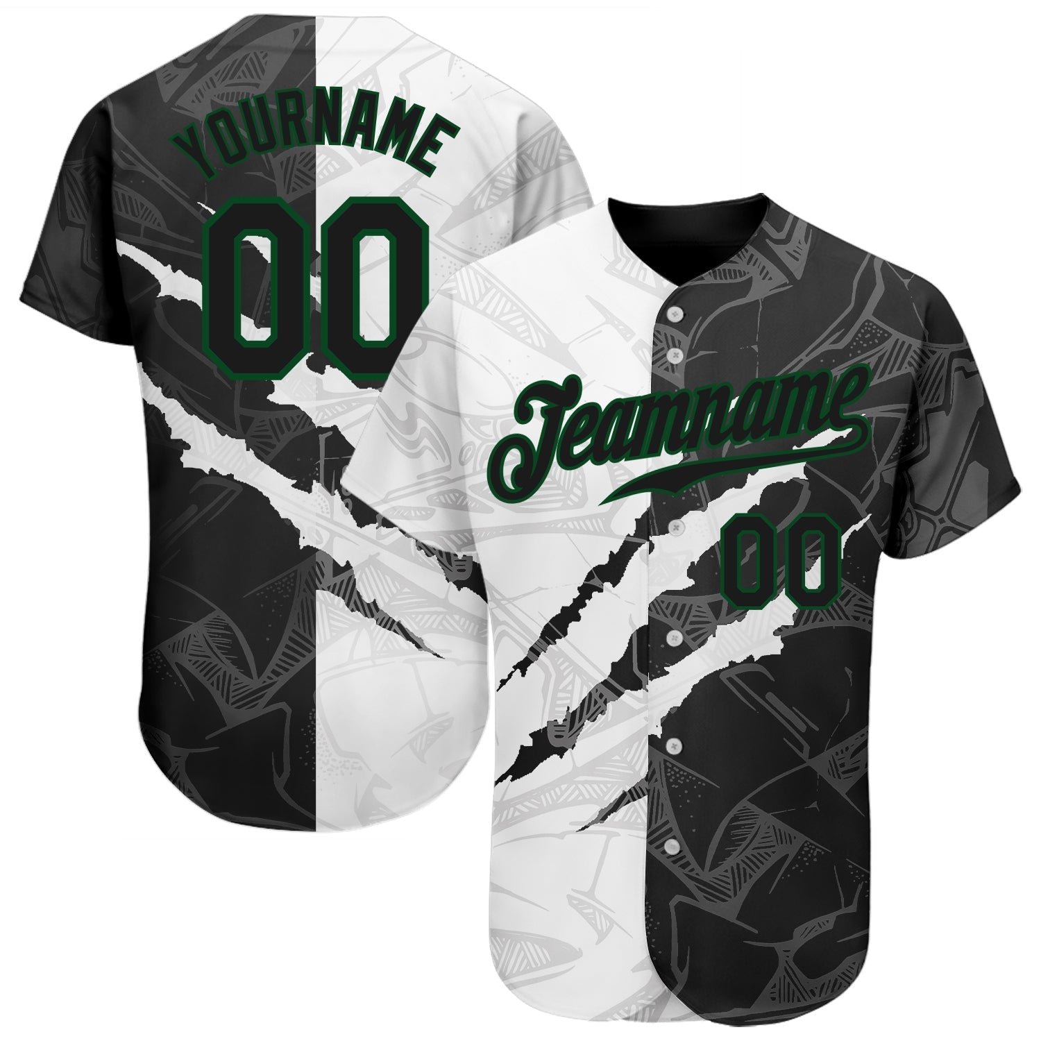 Custom Graffiti Pattern Black-Kelly Green 3D Scratch Authentic Baseball Jersey baseball jersey product view 1