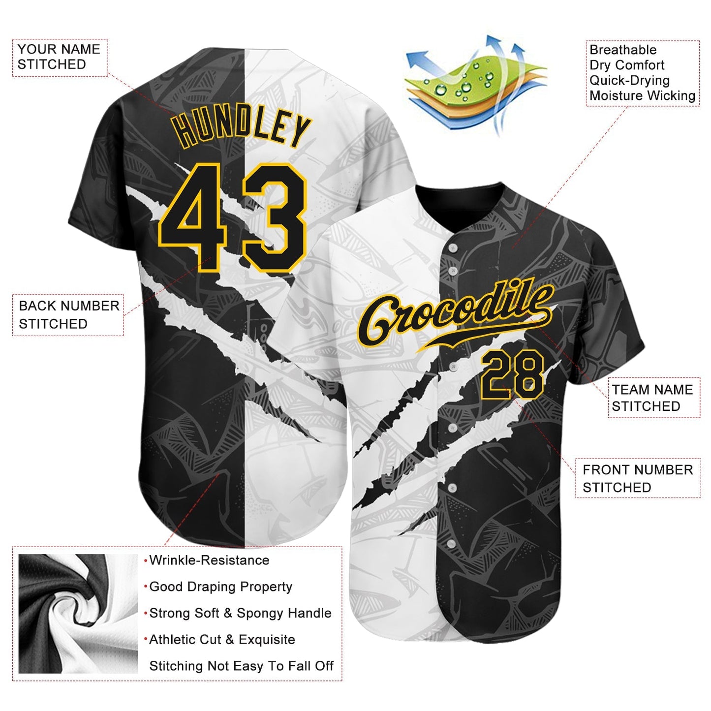 Custom Graffiti Pattern Black-Gold 3D Scratch Authentic Baseball Jersey baseball jersey product view 3