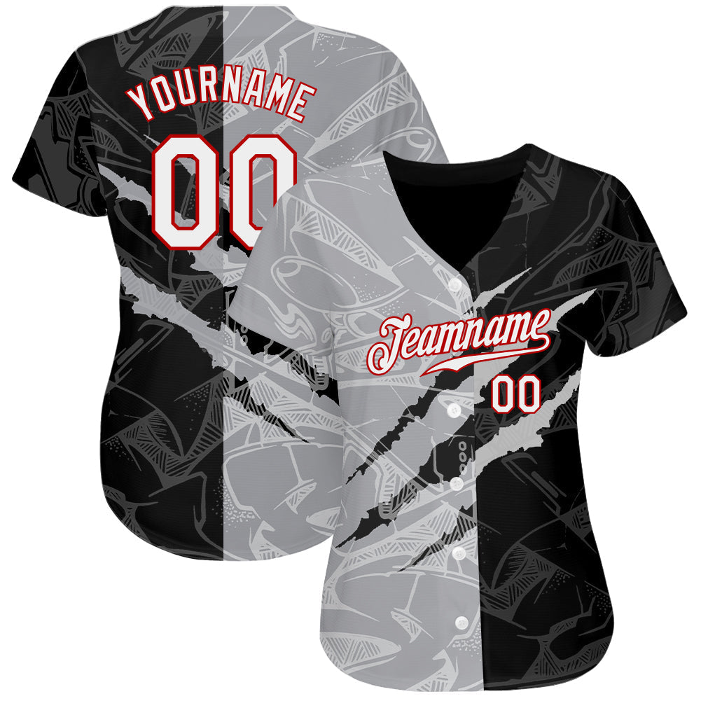 Custom Graffiti Pattern White Gray-Red 3D Scratch Authentic Baseball Jersey baseball jersey product view 2