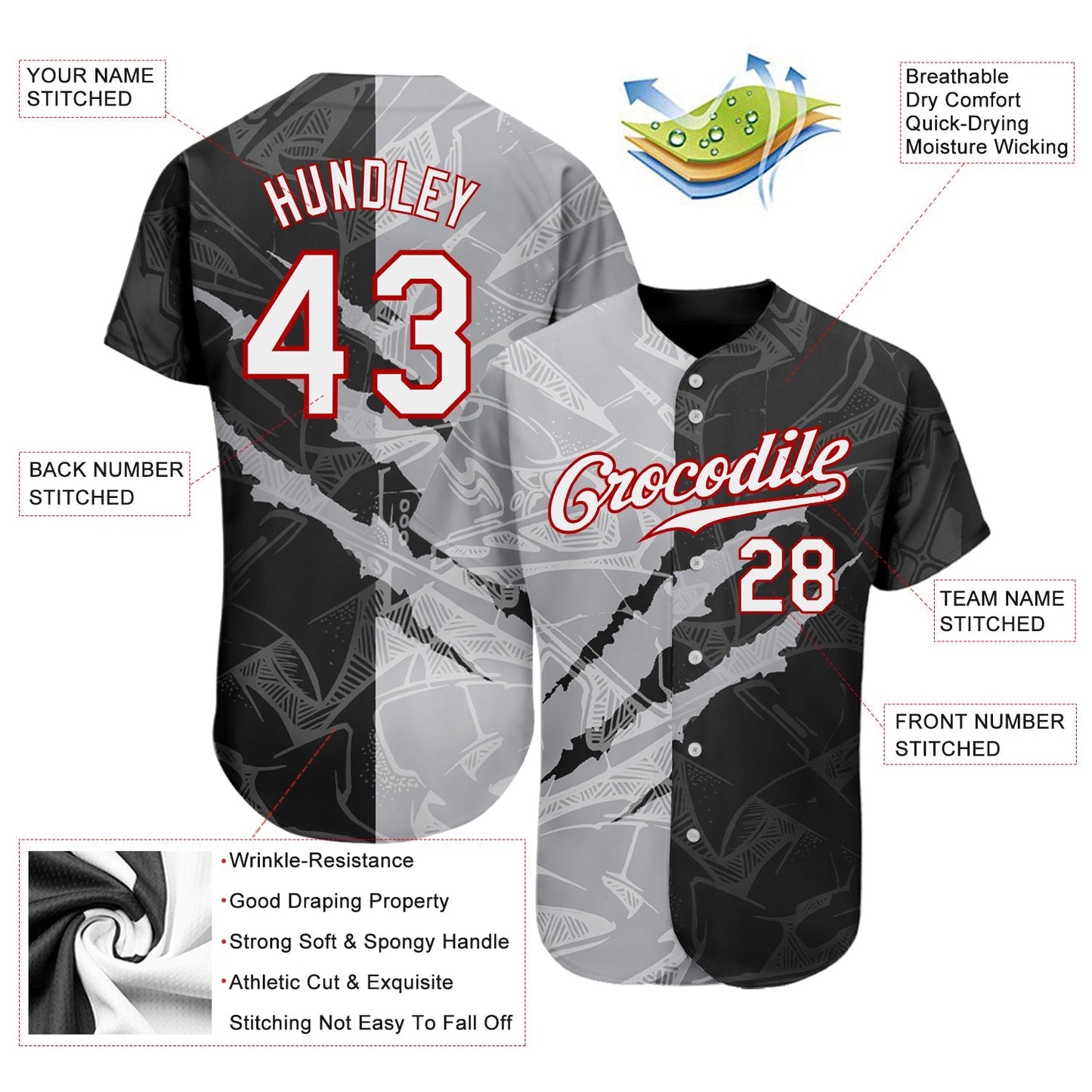 Custom Graffiti Pattern White Gray-Red 3D Scratch Authentic Baseball Jersey baseball jersey product view 3