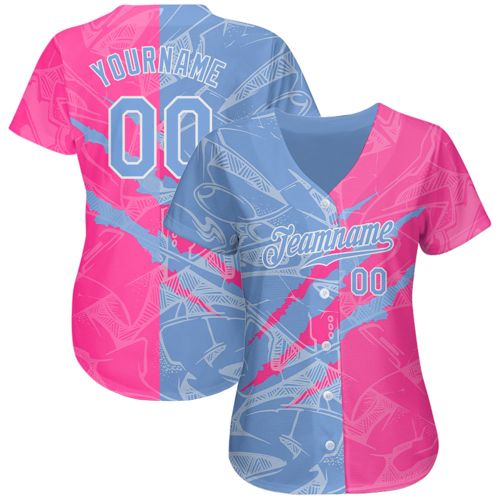 Custom Graffiti Pattern Light Blue-Pink 3D Scratch Authentic Baseball Jersey baseball jersey product view 2
