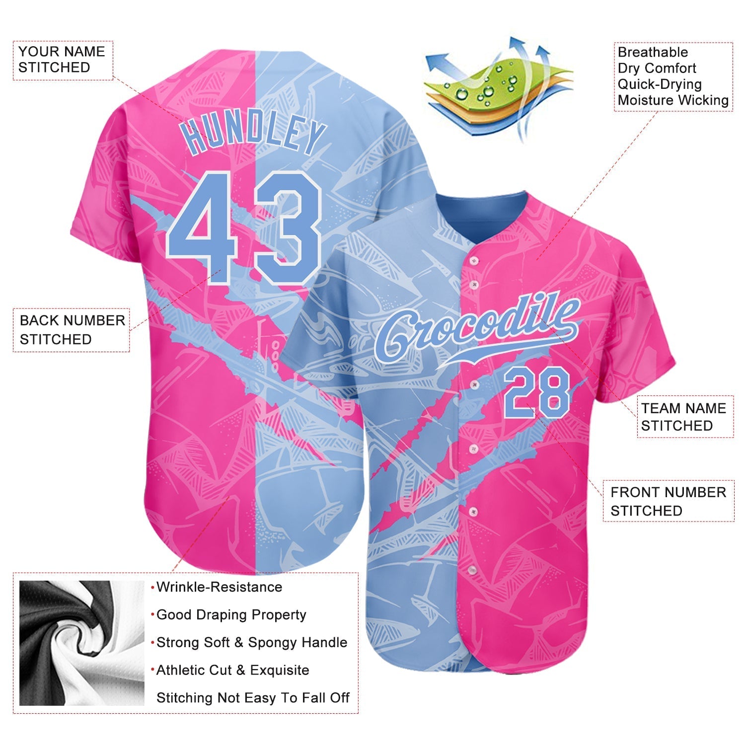 Custom Graffiti Pattern Light Blue-Pink 3D Scratch Authentic Baseball Jersey baseball jersey product view 3