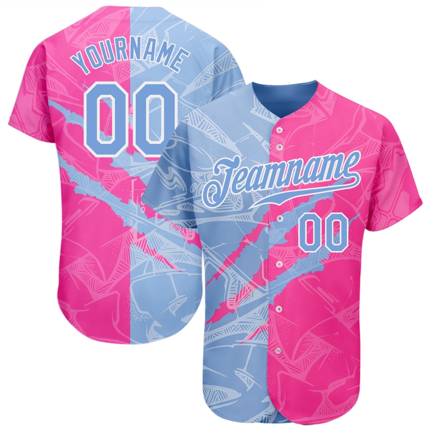 Custom Graffiti Pattern Light Blue-Pink 3D Scratch Authentic Baseball Jersey baseball jersey product view 1