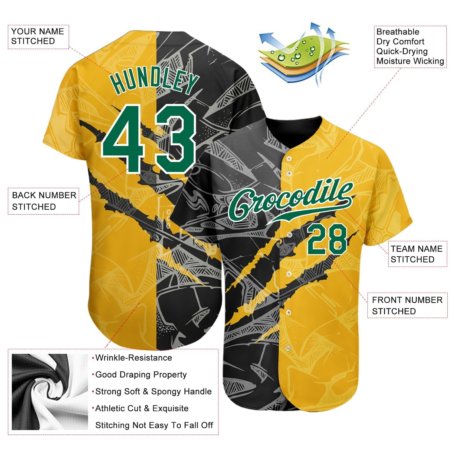 Custom Graffiti Pattern Kelly Green Yellow-Black 3D Scratch Authentic Baseball Jersey baseball jersey product view 3
