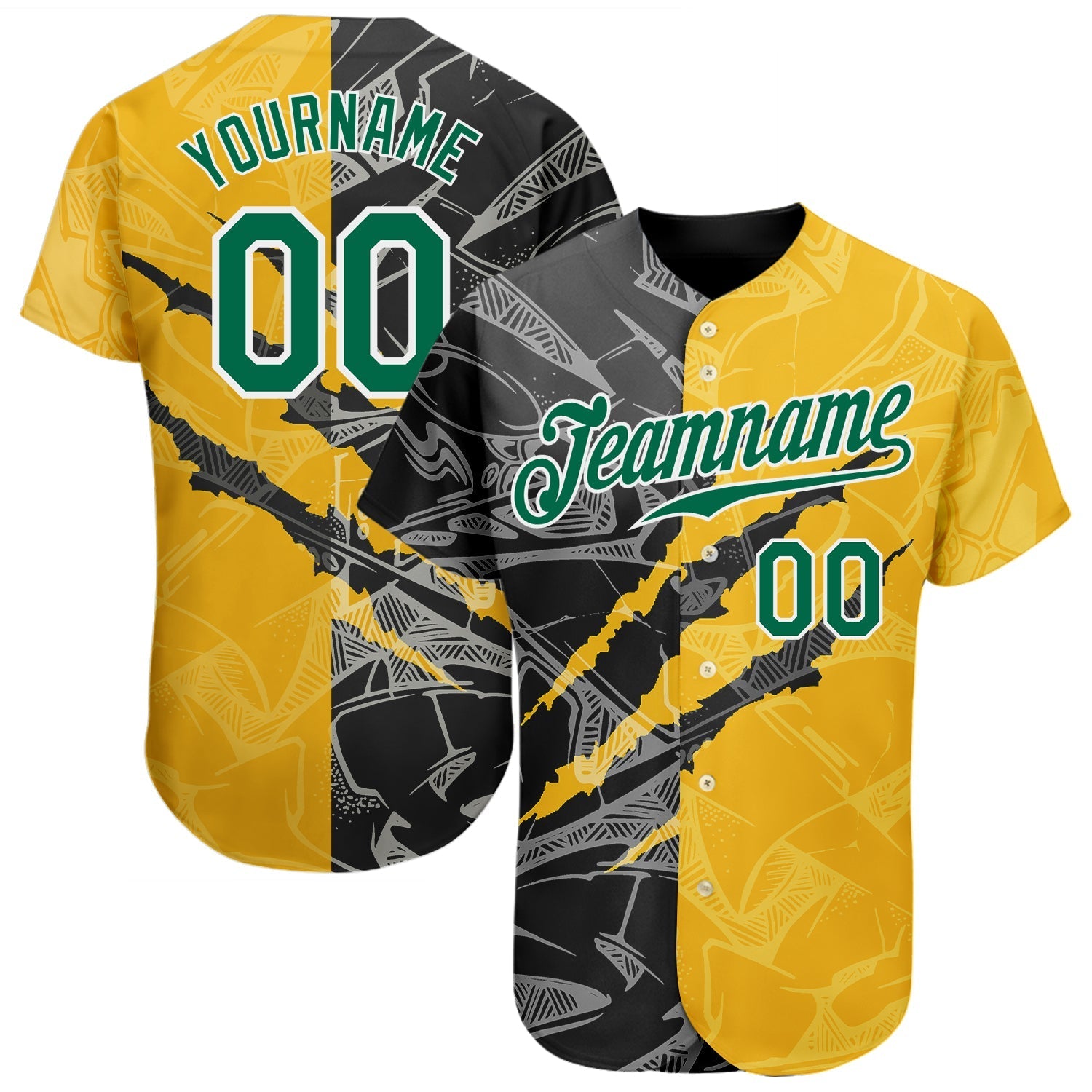 Custom Graffiti Pattern Kelly Green Yellow-Black 3D Scratch Authentic Baseball Jersey baseball jersey product view 1