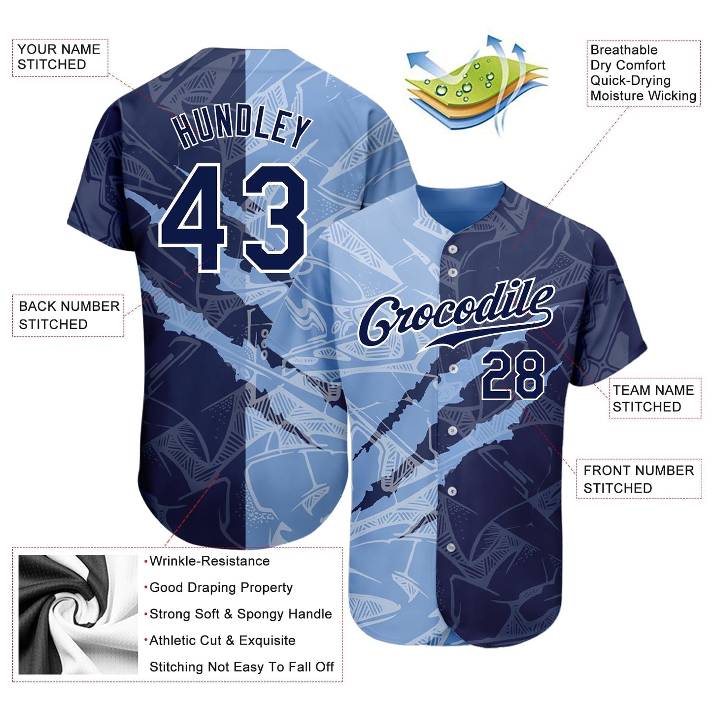 Custom Graffiti Pattern Navy-Light Blue 3D Scratch Authentic Baseball Jersey baseball jersey product view 3