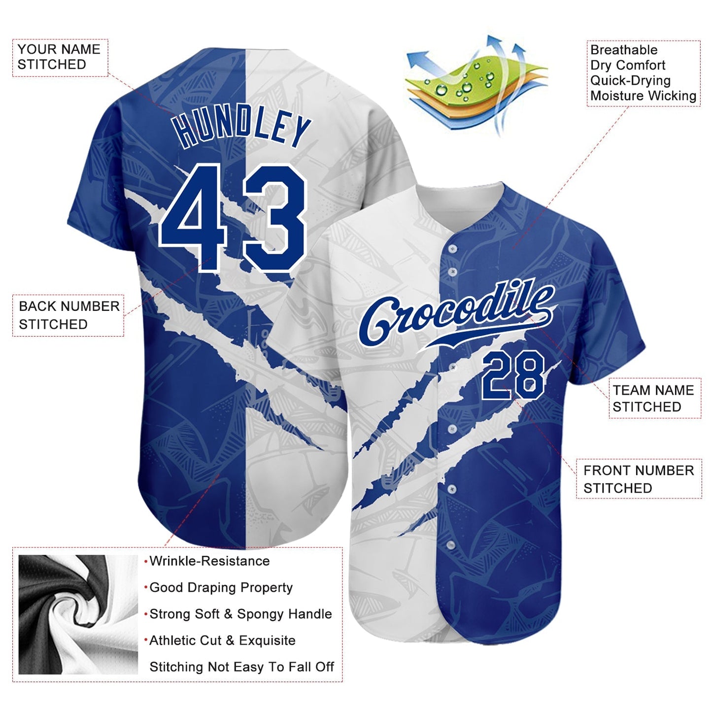 Custom Graffiti Pattern Royal-White 3D Scratch Authentic Baseball Jersey baseball jersey product view 3