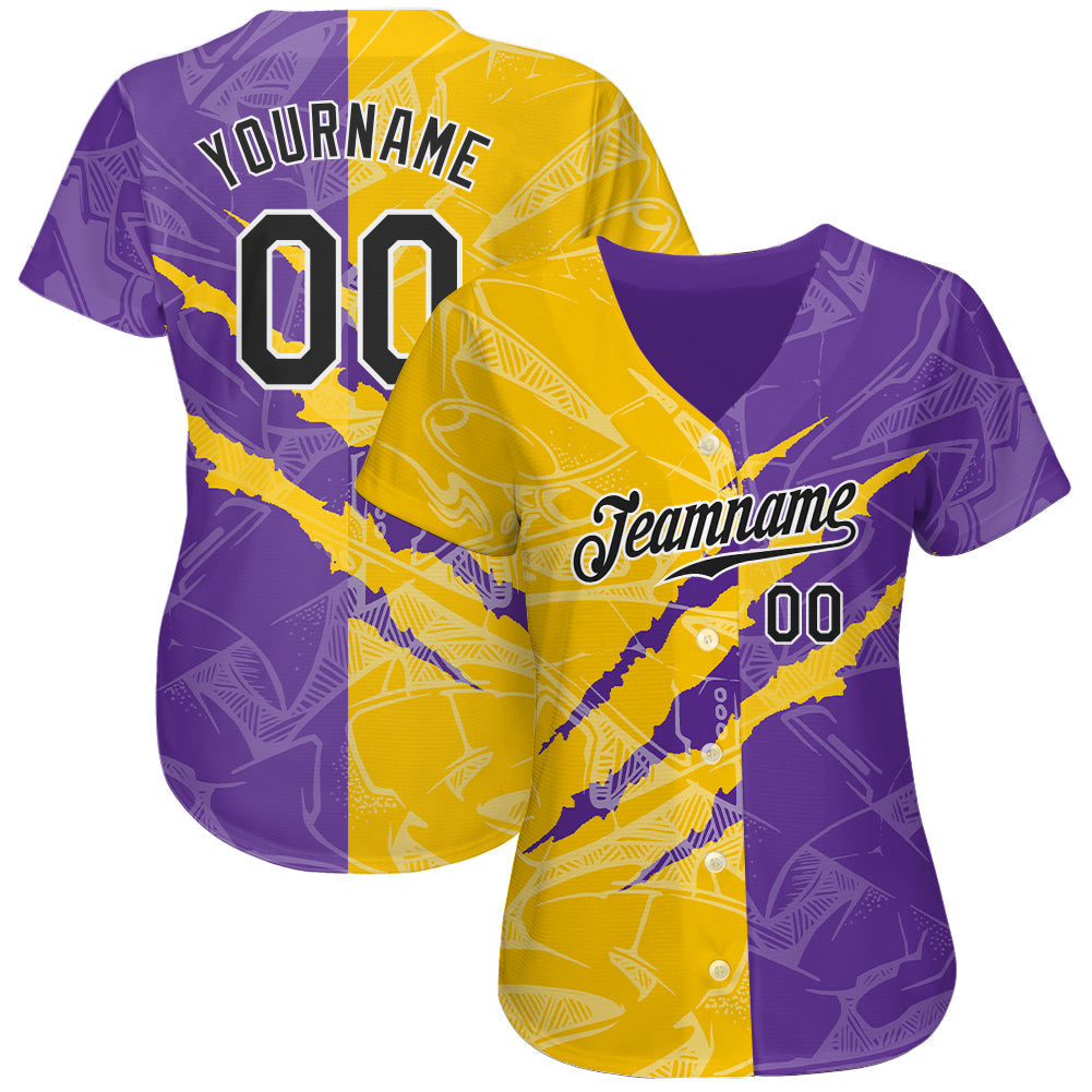 Custom Graffiti Pattern Black Yellow-Purple 3D Scratch Authentic Baseball Jersey baseball jersey product view 2