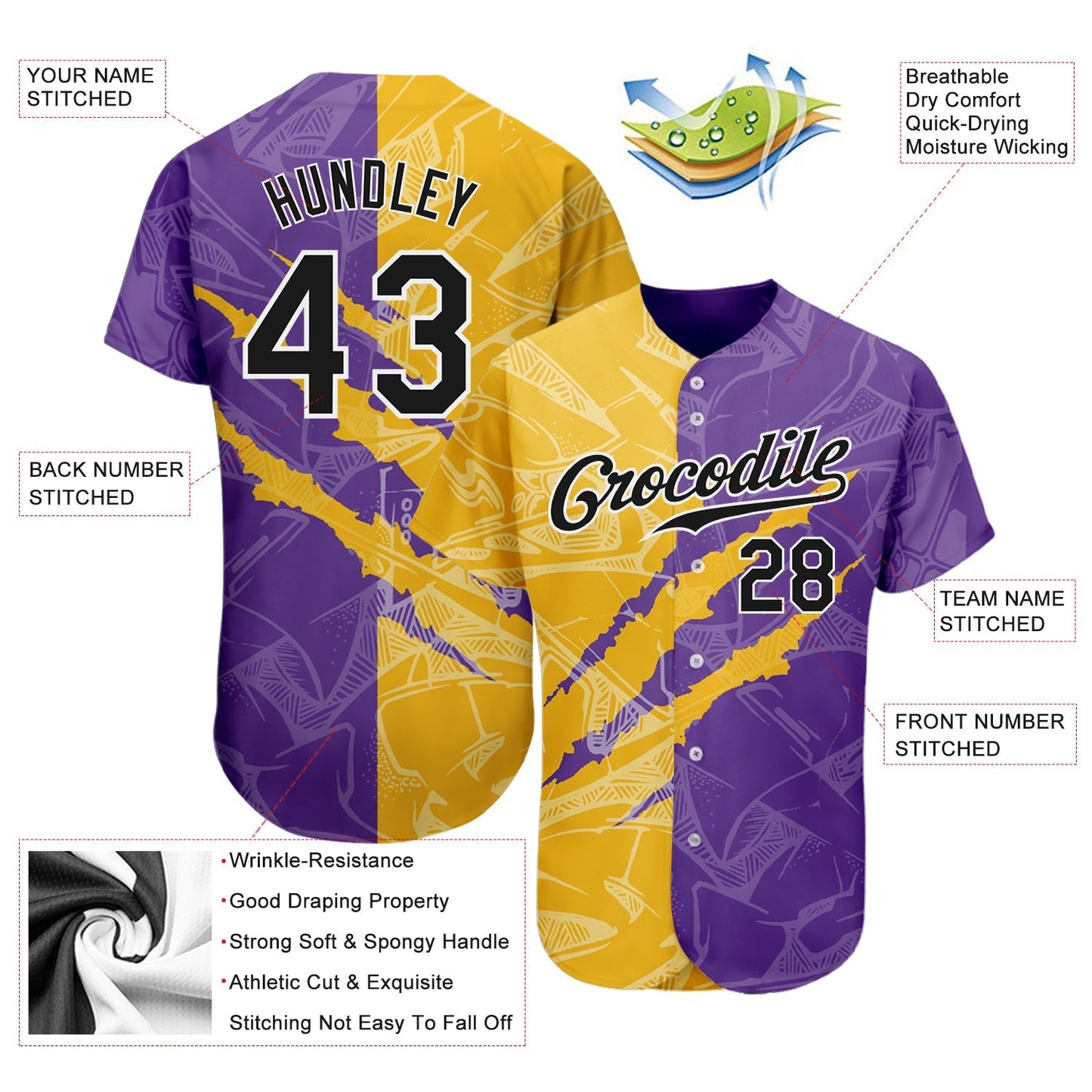 Custom Graffiti Pattern Black Yellow-Purple 3D Scratch Authentic Baseball Jersey baseball jersey product view 3