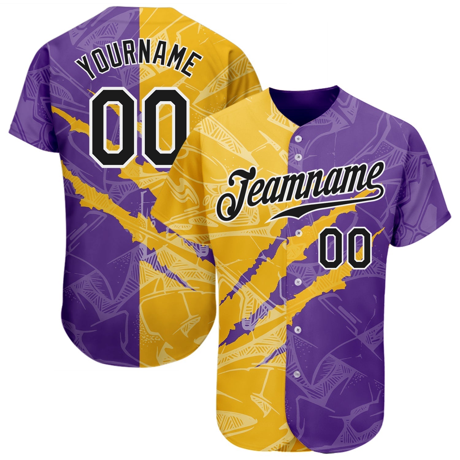 Custom Graffiti Pattern Black Yellow-Purple 3D Scratch Authentic Baseball Jersey baseball jersey product view 1