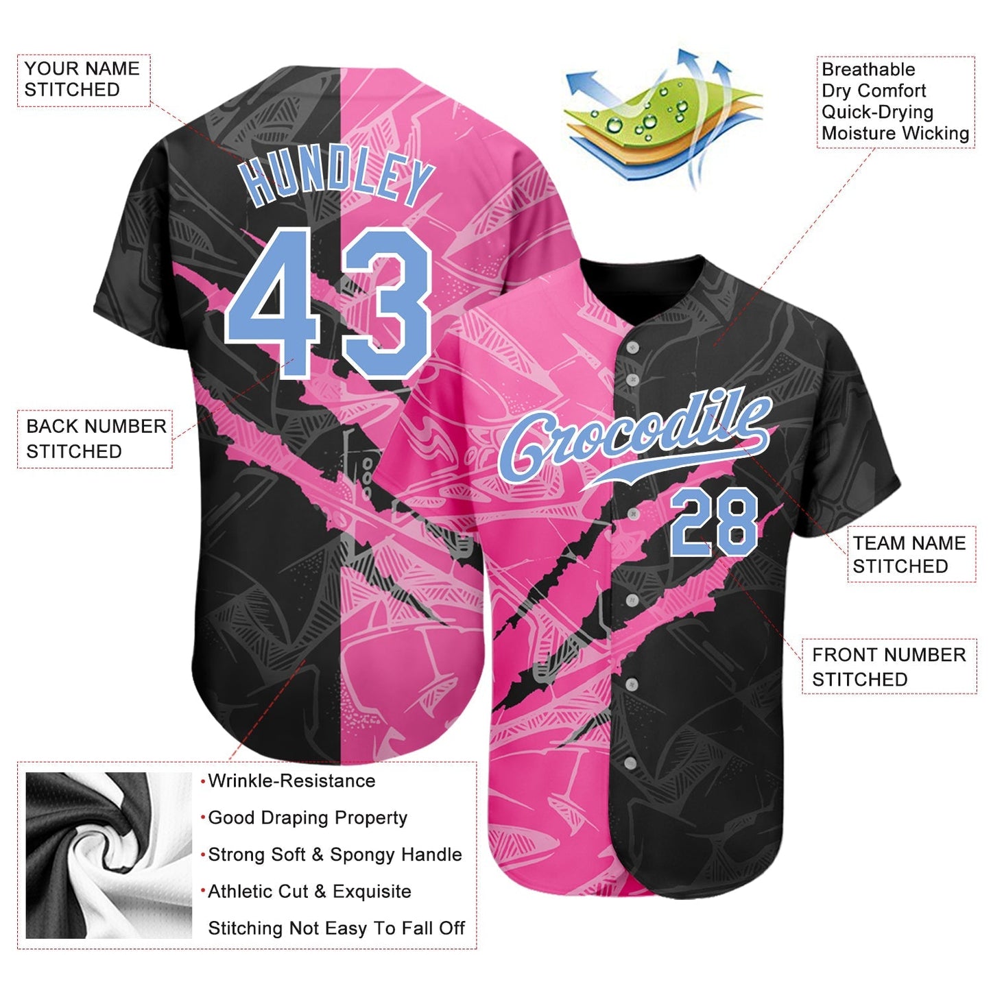 Custom Graffiti Pattern Light Blue Pink-Black 3D Scratch Authentic Baseball Jersey baseball jersey product view 3