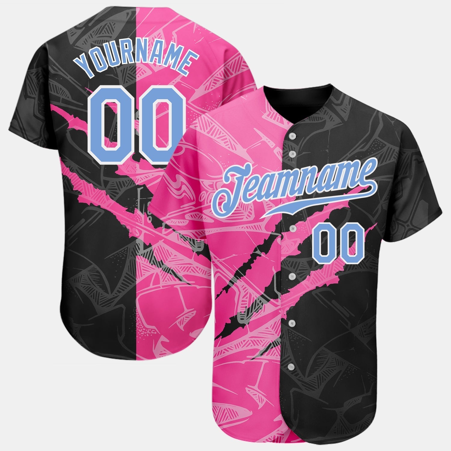 Custom Graffiti Pattern Light Blue Pink-Black 3D Scratch Authentic Baseball Jersey baseball jersey product view 1