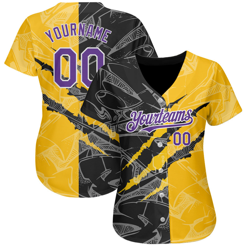 Custom Graffiti Pattern Purple Yellow-Black 3D Scratch Authentic Baseball Jersey baseball jersey product view 2