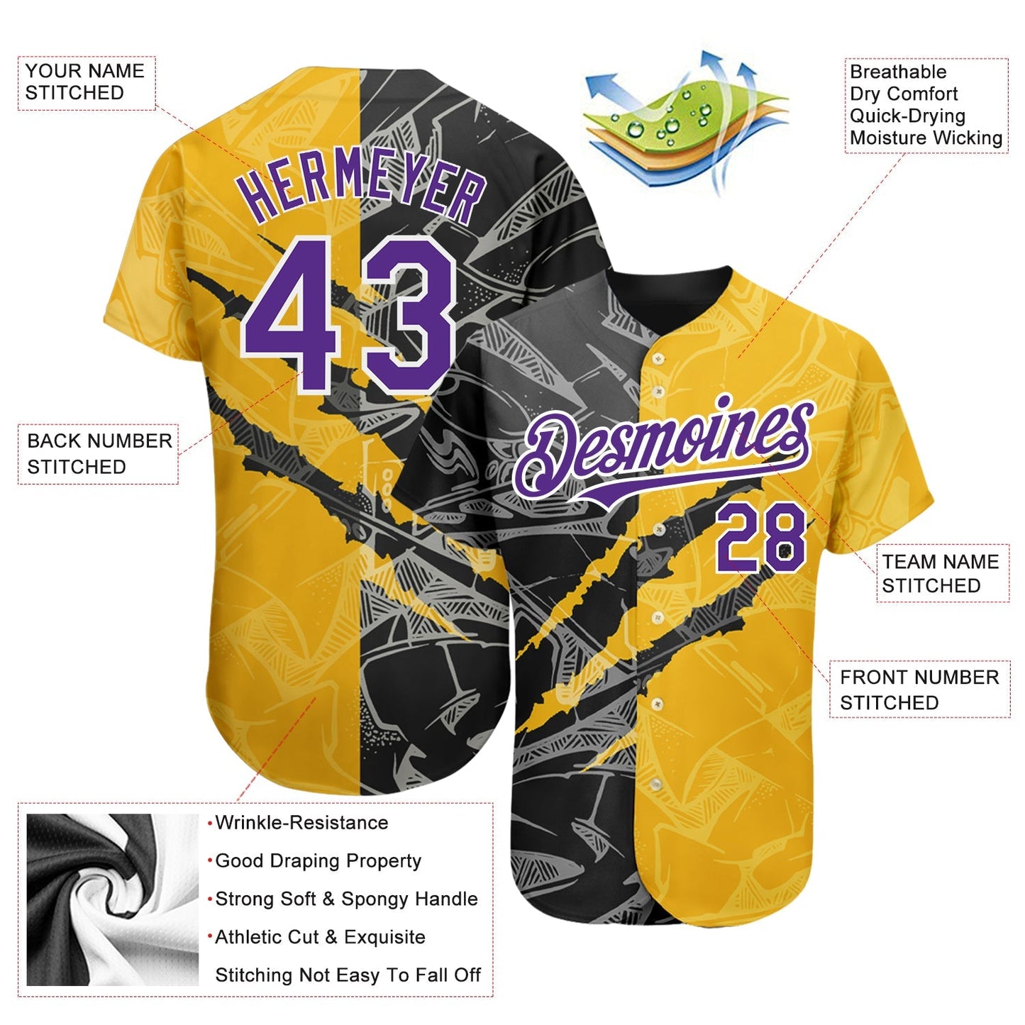 Custom Graffiti Pattern Purple Yellow-Black 3D Scratch Authentic Baseball Jersey baseball jersey product view 3