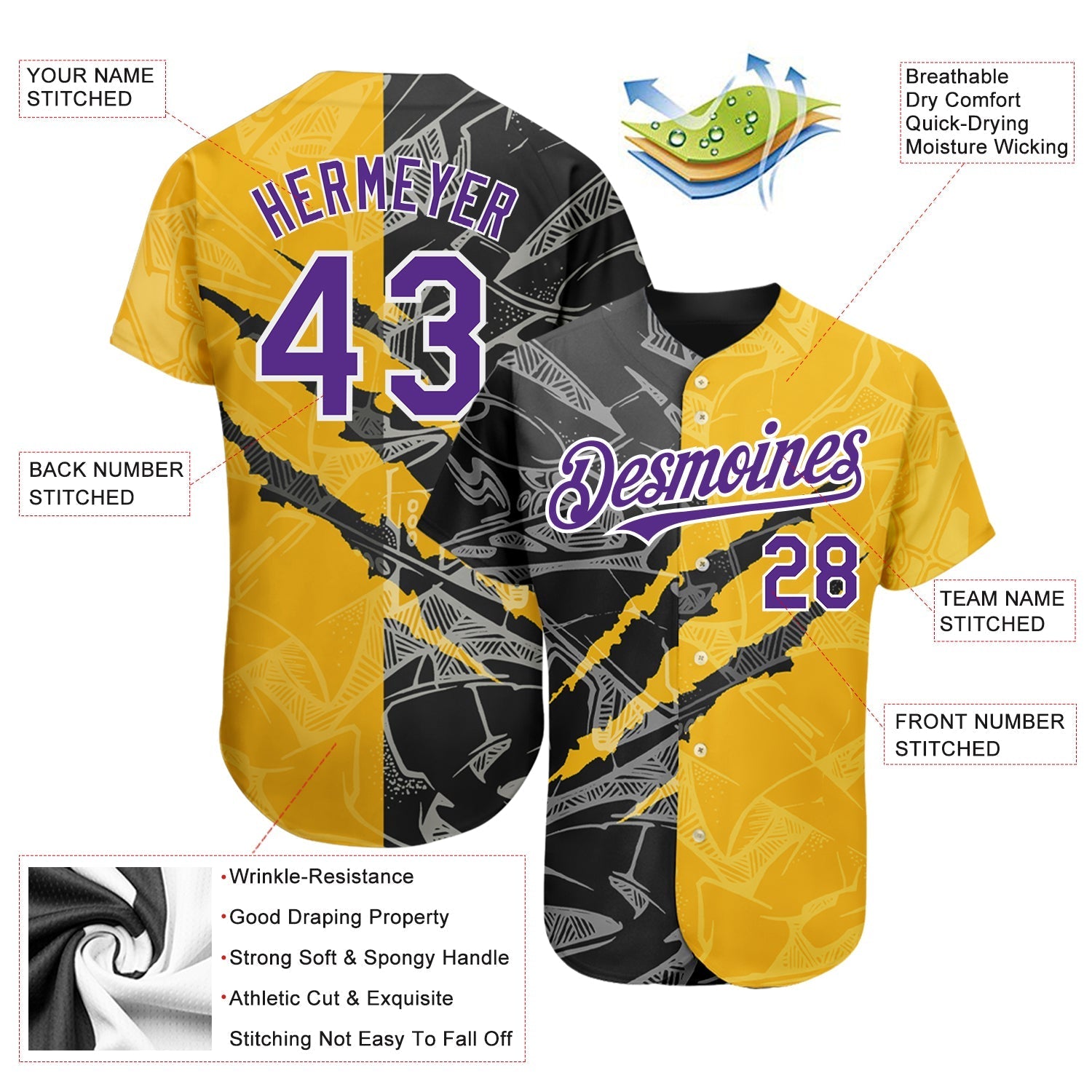 Custom Graffiti Pattern Purple Yellow-Black 3D Scratch Authentic Baseball Jersey baseball jersey product view 3